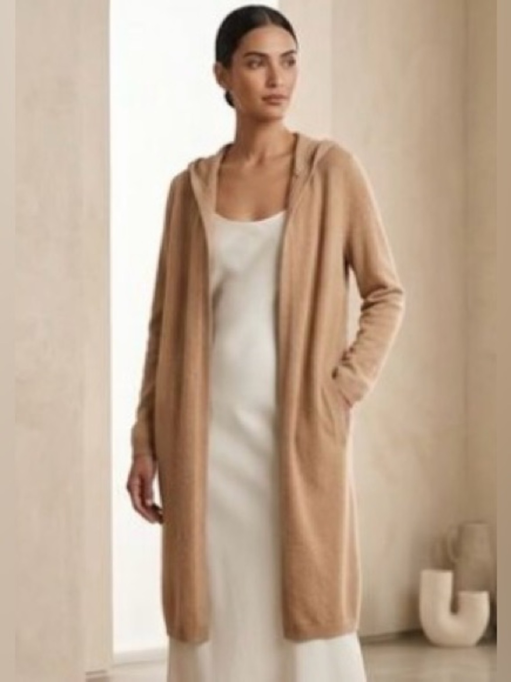 Soft by NAADAM Cashmere Hooded Open-Front Cardigan in Camel Brown. Sz 1X